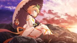  1girl artist_request black_choker blonde_hair blue_eyes boots brown_boots brown_gloves brown_hairband choker closed_mouth clouds dawn dress edna_(tales) full_body game_cg gloves green_ribbon hair_ribbon hairband highres holding holding_umbrella leg_ribbon looking_afar normin_(tales) official_art outdoors phoenix_(tales) ribbon rock short_hair single_glove sitting sky solo tales_of_(series) tales_of_crestoria tales_of_zestiria third-party_source umbrella white_dress wind 