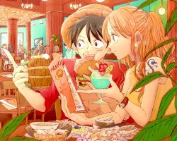  1boy 1girl bangle bare_shoulders beer_mug black_hair bone bracelet breasts burger chair commentary_request cross_scar cup drink earrings eating food from_side gunzyou_gunjyo hanging_light hat high_ponytail holding holding_burger holding_cup holding_food holding_menu index_finger_raised indoors jewelry log_pose long_hair looking_to_the_side medium_breasts menu monkey_d._luffy mug nami_(one_piece) one_piece open_clothes open_mouth open_shirt orange_hair parted_lips pearl_earrings people plant plate ponytail potted_plant profile red_shirt restaurant scar scar_on_cheek scar_on_chest scar_on_face shirt shoulder_tattoo sitting sleeveless sleeveless_shirt straw_hat table tattoo upper_body wavy_hair yellow_shirt 