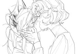  2girls absurdres blush closed_eyes commentary_request greyscale hair_ornament hand_on_another's_cheek hand_on_another's_face highres jacket kiss korean_commentary lineart long_hair low_ponytail marsha_(reverse:1999) monochrome multiple_girls nago_(nago1150610) ponytail reverse:1999 sentinel_(reverse:1999) shirt short_hair sweat white_background yuri 