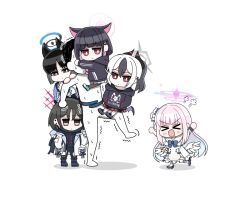  >_< 5girls angry animal_ears black_hair blue_archive bow carrying cat_ears chibi colored_inner_hair commentary_request d: doodle_sensei_(blue_archive) dx feathered_wings halo hood hoodie horns hug humidity_squad kayoko_(blue_archive) kazusa_(blue_archive) kikyou_(blue_archive) kumata_(kuma_no_eki) long_hair mika_(blue_archive) misaki_(blue_archive) multicolored_hair multiple_girls multiple_tails pants piggyback pink_hair sensei_(blue_archive) short_hair simple_background single_wing skirt sweat tail tail_wrap torn_clothes torn_pants trembling two_tails white_hair wings 
