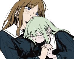  12thfog 2girls bang_dream! bang_dream!_it's_mygo!!!!! blue_eyes blue_shirt blush breasts brown_hair closed_eyes green_hair hair_ornament hairclip highres interlocked_fingers long_hair medium_breasts multiple_girls nagasaki_soyo school_uniform shirt sidelocks simple_background tsukinomori_school_uniform upper_body wakaba_mutsumi white_background yuri 