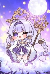  1girl :3 blunt_bangs braid brown_sandals chibi chibi_only clothing_cutout commentary_request detached_sleeves field flower flower_field full_body full_moon hairband highres hip_vent holding holding_staff korean_commentary long_hair low_twin_braids moon nontraditional_miko one_eye_closed open_mouth outdoors purple_flower purple_hair purple_hairband purple_skirt ribbon-trimmed_skirt ribbon-trimmed_sleeves ribbon_trim sailor_collar sandals skirt sky sleeves_past_fingers sleeves_past_wrists smile solo staff star_(sky) star_(symbol) starry_sky trhisell trickcal twin_braids very_long_hair violet_eyes white_sailor_collar white_sleeves yomi_(trickcal) 