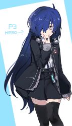  1girl black_jacket black_skirt black_thighhighs blue_eyes blue_hair cardigan commentary_request earphones earphones_around_neck genderswap genderswap_(mtf) grey_cardigan haidan_(qmo_cham) hair_between_eyes hair_over_one_eye highres jacket long_hair long_sleeves mp3_player open_cardigan open_clothes open_jacket persona persona_3 shirt shirt_tucked_in simple_background skirt solo thigh-highs two-tone_background very_long_hair w yuuki_makoto_(persona_3) 