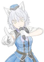  1girl aila_paivikki_linnamaa animal_ears aviation_magic_band blue_dress dress garrison_cap gloves hat highres holding holding_microphone karee@luminous_4th looking_at_viewer luminous_witches microphone short_hair simple_background smile solo standing white_background white_gloves white_hair wolf_ears wolf_girl world_witches_series yellow_eyes 