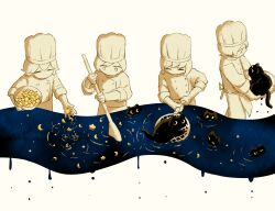  2boys 2girls absurdres animal animal_ears apron avogado6 back_bow black_cat black_eyes black_fur blue_sky bow bowl buttons cat cat_ears cat_tail chef_hat closed_eyes closed_mouth colored_sclera commentary_request cowboy_shot crescent from_side hair_between_eyes hands_up hat highres holding holding_animal holding_bowl long_sleeves looking_at_animal looking_at_object looking_down mixing multiple_boys multiple_girls night no_mouth original partially_colored short_hair sieve simple_background sky smile standing star_(sky) tail upper_body waist_apron white_background yellow_sclera 