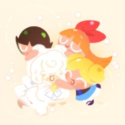  >_< 1other 3girls animal_ears black_hair blonde_hair blossom_cookie blue_dress bow bubbles_cookie buttercup_cookie closed_eyes commentary_request cookie_run cookie_run:_ovenbreak cream_ferret_cookie dress ferret_ears ferret_tail hair_bow highres mary_janes multiple_girls powerpuff_girls shoes short_hair short_twintails socks tail thai_commentary twintails white_hair white_socks yummybunny777 