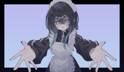  1girl absurdres apron aqua_hair black_border black_hair black_jacket black_nails border commentary cross cross-shaped_pupils dot_nose double-parted_bangs earrings frilled_apron frilled_headwear frills hair_between_eyes hair_ornament highres jacket jersey_maid jewelry maid maid_headdress medium_hair multicolored_hair open_mouth original outside_border outstretched_arms peanut_mouth purple_background sidelocks simple_background single_earring spread_fingers su_ha_ya symbol-shaped_pupils track_jacket turtleneck turtleneck_jacket two-tone_hair unconventional_maid upper_body white_apron wolf_cut x_hair_ornament yayo-cha_(su_ha_ya) zipper 