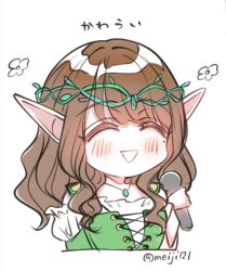  1girl 217find! ^_^ animification blush brown_hair closed_eyes commentary_request cropped_torso deformed dress elf facing_viewer flower_symbol hanamiya_nina head_wreath highres holding holding_microphone meiji_(mosamoo3) microphone off-shoulder_dress off_shoulder pointy_ears real_life simple_background solo twitter_username voice_actor white_background white_dress 