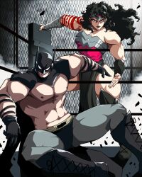  1boy 1girl abs absolute_batman absolute_dc absolute_wonder_woman absurdres adapted_costume arm_tattoo bat_mask batman batman_(absolute_dc) batman_(series) biceps black_boots black_hair boots cape curly_hair dc_comics gloves highres lace-up_boots mask muscular muscular_female muscular_male norbertogaetan pectorals pelvic_curtain tattoo thick_thighs thighs tiara wonder_woman wonder_woman_(absolute_dc) wonder_woman_(series) wrestling_ring 