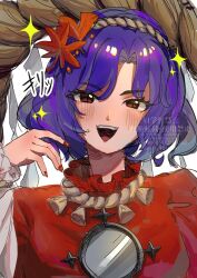  1girl highres mewbe3al2si6o12 mirror purple_hair red_eyes red_nails red_shirt rope shimenawa shirt short_hair smile solo teeth touhou upper_teeth_only watermark yasaka_kanako 