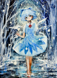  1girl arm_behind_back bare_tree barefoot blue_bow blue_dress blue_eyes blue_hair bow cirno closed_mouth collared_shirt commentary_request dress finale_inoue full_body hair_bow hand_up head_tilt highres ice ice_wings looking_at_viewer neck_ribbon oil_painting_(medium) outdoors painting_(medium) pinafore_dress red_ribbon ribbon shirt short_hair sleeveless sleeveless_dress smile solo touhou traditional_media tree walking white_shirt wings 