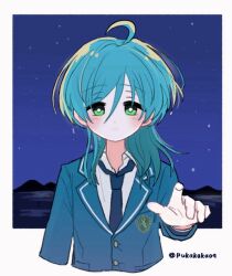  1boy ahoge blazer blue_hair blue_jacket bright_pupils buttons closed_mouth collared_shirt commentary cropped_torso ensemble_stars! green_eyes green_necktie hair_between_eyes hand_up highres jacket long_hair long_sleeves looking_at_viewer male_focus mani_(pukakaka09) necktie night open_collar school_uniform shinkai_kanata shirt sky solo twitter_username untranslatable_commentary white_pupils yumenosaki_school_uniform 