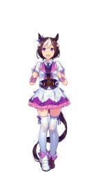  1girl :d animal_ears asymmetrical_footwear blue_bow bow braid clenched_hands crown_braid dress ear_ribbon full_body hair_between_eyes hair_bow highres horse_ears horse_girl horse_tail kanjy00u looking_at_viewer mismatched_footwear multicolored_hair official_art open_mouth prototype_design puffy_short_sleeves puffy_sleeves purple_dress shoes short_hair short_sleeves smile solo special_week_(special_dreamer)_(umamusume) special_week_(umamusume) tachi-e tail thigh-highs transparent_background two-tone_hair umamusume violet_eyes white_shoes white_thighhighs wristband zettai_ryouiki 