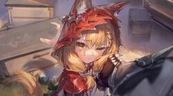  1girl absurdres animal_ears arknights arknights:_endfield blonde_hair cape ears_through_headwear gloves highres hood hood_up hooded_cape red_cape rossi_(arknights) tail wolf_ears wolf_girl wolf_tail yellow_eyes yu_hydra 