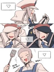  +++ 2boys :d apron black_coat black_hat blue_apron blue_necktie brothers clipboard closed_eyes coat collared_shirt commentary_request emmet_(pokemon) grey_eyes grey_hair hat holding holding_clipboard holding_spatula ingo_(pokemon) korean_commentary korean_text male_focus multiple_boys necktie open_mouth peaked_cap pokemon pokemon_bw seku_000 shirt short_hair siblings smile sparkle spatula translation_request white_coat white_hat white_shirt 