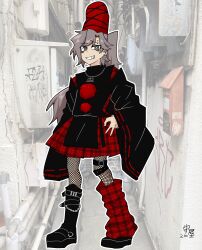  1girl absurdres adapted_costume alternate_color asymmetrical_legwear black_boots black_robe boots commentary_request ear_piercing earrings eyebrow_piercing face_piercing fishnets full_body grey_eyes grin hand_on_own_hip hat highres japanese_clothes jewelry kariginu leg_belt leg_warmers long_hair looking_at_viewer mismatched_legwear mononobe_no_futo moriya210 necklace photo_background piercing plaid_clothes plaid_leg_warmers plaid_skirt pom_pom_(clothes) ponytail red_hat red_leg_warmers red_skirt ribbon-trimmed_sleeves ribbon_trim robe single_leg_warmer skirt sleeves_past_fingers sleeves_past_wrists smile solo standing tate_eboshi touhou wide_sleeves 