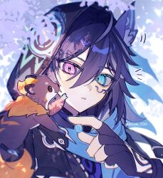  1boy animal animal_ear_fluff animal_ears black_gloves blue_eyes blue_scarf facial_mark fingerless_gloves genshin_impact gloves hair_between_eyes haruki_soo hashtag-only_commentary heterochromia highres hood hood_up light_blush looking_at_animal male_focus ororon_(genshin_impact) parted_lips pink_eyes portrait scarf solo twitter_username 