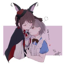  23_degree01 2girls animal_costume animal_ears apron bang_dream! bang_dream!_it's_mygo!!!!! black_bow black_hair bow cape commentary_request dated frilled_apron frills grey_hair highres long_hair long_sleeves mole mole_under_eye multiple_girls red_eyes shiina_taki short_hair short_sleeves sidelocks simple_background takamatsu_tomori violet_eyes white_background wolf_costume wolf_ears yuri 