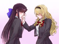  2girls black_hairband blonde_hair blush bow bowtie brown_hair closed_mouth collared_shirt gradient_background grey_jacket grey_skirt hair_ribbon hairband highres holding_another's_wrist jacket kiss kissing_hand long_hair multiple_girls nirvana_(w688348960) pink_background purple_ribbon red_bow red_bowtie ribbon saijou_claudine seishou_music_academy_uniform shirt shoujo_kageki_revue_starlight skirt tendou_maya violet_eyes white_background white_shirt yuri 
