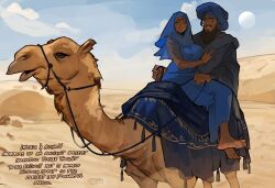  1boy 1girl absurdres barefoot beard blue_dress blue_hijab blue_turban camel commentary dark-skinned_female dark-skinned_male dark_skin day dress english_commentary english_text facial_hair highres hijab magicmoonsarts original outdoors sand turban very_dark_skin 
