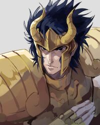  1boy armor black_hair capricorn_el_cid commentary fake_horns gold_armor gold_cloth gold_saint hand_up helmet highres horned_helmet horns kaitotenjoirl looking_at_viewer male_focus saint_seiya saint_seiya:_the_lost_canvas serious short_hair 