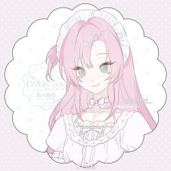  1girl bow bow_choker center_frills chinese_commentary choker commentary_request commission curtained_hair frilled_headwear frills green_eyes hair_ornament hairclip long_hair looking_at_viewer lunaticotat one_side_up original pink_background pink_choker pink_hair polka_dot polka_dot_background portrait puffy_short_sleeves puffy_sleeves shirt short_sleeves sidelocks smile solo watermark weibo_watermark white_shirt 