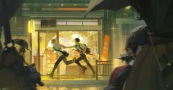  2boys absurdres akaashi_keiji backpack bag baozaohuang black_hair black_pants blue_necktie bokuto_koutarou closed_umbrella collared_shirt commentary_request english_text floating_neckwear grabbing_another's_hand haikyuu!! highres holding holding_umbrella male_focus multicolored_hair multiple_boys necktie outdoors pants people rain red_umbrella running shirt shirt_tucked_in two-tone_hair umbrella untucked_shirt walking white_hair white_shirt 