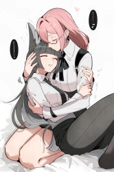  2girls animal_ears black_hair black_necktie black_pants black_skirt blunt_bangs breasts closed_eyes closed_mouth dailymiyanagi fox_ears grabbing_another's_arm high-waist_skirt highres hoshimi_miyabi hug large_breasts long_hair lullaby multiple_girls necktie pants pencil_skirt pink_hair seiza semi-rimless_eyewear shirt sitting skirt sleeping tsukishiro_yanagi white_background white_shirt yuri zenless_zone_zero 