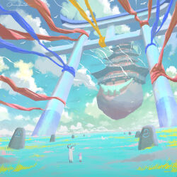  2others animal bird clouds cloudy_sky commentary_request fantasy floating_island highres horizon katou_oswaldo multiple_others original pagoda plain rope runes shimenawa sky streamers torii wolf 