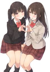  2girls :3 black_hair black_jacket black_socks brown_eyes brown_hair commentary_request heart heart_hands heart_hands_duo highres jacket long_hair medium_hair multiple_girls necktie open_mouth original plaid_clothes plaid_skirt red_necktie school_uniform simple_background skirt socks sweatdrop tsuke_(maholabo) twintails white_background 