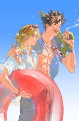  2boys abs absurdres adam's_apple baozaohuang bare_pectorals black_hair blonde_hair blue_background blue_shirt bracelet chain chain_necklace chinese_commentary closed_eyes collarbone collared_shirt commentary_request eyewear_hang eyewear_on_head haikyuu!! hand_on_another's_shoulder happy highres holding holding_water_gun jewelry kozume_kenma kuroo_tetsurou male_focus multicolored_hair multiple_boys necklace nipples open_clothes open_mouth open_shirt pectorals ring roots_(hair) shirt short_hair shorts simple_background striped_clothes striped_shirt striped_shorts sunglasses unworn_eyewear vertical-striped_clothes vertical-striped_shirt vertical-striped_shorts watch watch water_gun yellow_eyes 