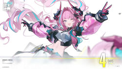  1girl arknights arknights:_endfield artist_request black_gloves black_horns blue_eyes breasts chinese_commentary commentary_request copyright_logo countdown crop_top cropped_jacket fang gloves hair_intakes highres horns jacket large_breasts logo long_hair looking_at_viewer midriff multicolored_gloves multicolored_hair multicolored_horns navel official_art one_eye_closed open_clothes open_jacket open_mouth pants pink_gloves pink_hair pink_horns pink_jacket pointy_ears skin_fang smile solo streaked_hair tail thick_eyebrows twintails two-tone_gloves two-tone_horns v very_long_hair white_pants yvonne_(arknights) 