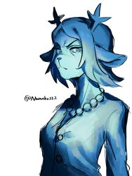  1girl antlers carol_holiday closed_mouth commentary_request deer_antlers deer_girl deltarune frown furry furry_female highres horns jacket jewelry limited_palette looking_at_viewer nameko212 necklace pearl_necklace short_hair signature solo utdr_(toby_fox) white_background 