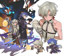  2boys absurdres arm_up bare_shoulders black_boots black_capelet black_coat black_gloves blue_eyes blue_hair blush boots brown_gloves brown_pants capelet chest_harness chibi chinese_commentary closed_mouth coat collarbone collared_capelet commentary_request earrings expressionless flins_(genshin_impact) flyingpeach fur-trimmed_coat fur-trimmed_sleeves fur_trim genshin_impact gloves gradient_hair grey_coat grey_hair grey_pants hair_between_eyes harness highres holding holding_lantern illuga_(genshin_impact) jewelry lantern lapels long_hair long_sleeves looking_at_viewer male_focus mole mole_under_eye multicolored_hair multiple_boys multiple_scars multiple_views open_clothes open_coat pants parted_bangs parted_lips profile purple_sash red_hair ribbed_sweater sash scar scar_on_arm scar_on_shoulder short_hair simple_background single_earring sleeve_cuffs sleeveless sleeveless_sweater sweater thigh_strap turtleneck turtleneck_sweater two-tone_hair vision_(genshin_impact) walking white_background white_sweater yellow_eyes 