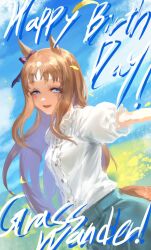  1girl animal_ears blue_eyes blue_skirt blue_sky blush bow breasts brown_hair character_name ear_bow ear_ribbon grass_wonder_(casual)_(umamusume) grass_wonder_(umamusume) happy_birthday highres horse_ears horse_girl horse_tail inishie_kumo long_hair looking_at_viewer open_mouth puffy_short_sleeves puffy_sleeves shirt short_sleeves skirt sky smile solo tail umamusume white_hair white_shirt 