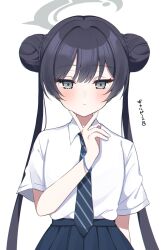  1girl alternate_costume black_hair black_skirt blue_archive blush collared_shirt double_bun dress_shirt frown grey_eyes grey_halo hair_bun halo hand_up highres kisaki_(blue_archive) kisaki_(school_uniform)_(blue_archive) light_frown long_hair murase48 necktie pleated_skirt school_uniform shirt simple_background skirt solo striped_clothes striped_necktie twintails upper_body very_long_hair white_background white_shirt wristband 