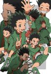  1boy black_hair child commentary_request eating food fruit gon_freecss green_footwear green_hair green_jacket green_shorts hand_wave highres holding holding_food hunter_x_hunter jacket looking_at_viewer male_child male_focus oishi_gohan11_2 short_hair shorts smile spiky_hair tears 