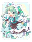  1girl :d animal_ears animal_hands apron bangs bear bear_ears blush bow bowtie collared_dress dress fake_animal_ears fang food food-themed_bag food-themed_clothes food-themed_hair_ornament fur_trim gloves green_eyes green_hair hair_ornament hairclip ice_cream ice_cream_hair_ornament jumping koguma105 layered_dress leaf leaf_on_head long_hair looking_at_viewer low_twintails mint mint_chocolate_chip one_eye_closed open_mouth original paw_gloves paw_shoes polka_dot polka_dot_legwear short_sleeves skin_fang smile solo twintails very_long_hair 