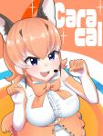  1girl absurdres animal_costume animal_ear_fluff animal_ears blue_eyes bow bowtie caracal_(kemono_friends) caracal_ears elbow_gloves gloves highres kemono_friends kemono_friends_v_project long_hair looking_at_viewer microphone mosumosues multicolored_hair open_mouth orange_gloves orange_hair orange_skirt shirt skirt sleeveless sleeveless_shirt smile solo tail virtual_youtuber white_shirt 