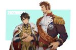  00047 2boys ascot bangs belt black_hair blue_eyes blush brown_belt brown_hair cape closed_mouth command_spell epaulettes facial_hair fate/grand_order fate_(series) fujimaru_ritsuka_(male) fur-trimmed_cape fur_trim goatee long_sideburns looking_at_another male_focus medal multiple_boys napoleon_bonaparte_(fate) official_alternate_costume red_cape short_hair sideburns 