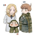  3boys alternate_design alternate_hair_color angry axis_powers_hetalia blank_eyes blonde_hair brothers cape collar crossed_arms english_flag french_flag frilled_collar frills green_eyes highres hood hooded_cape male_child male_focus multiple_boys otoko_no_ko plaid_cape redhead sab_(lll_ili) scottish_flag siblings smug thick_eyebrows violet_eyes wavy_mouth younger 