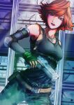  1girl absurdres belt black_gloves black_shirt breasts brown_eyes commentary_request elbow_pads fingerless_gloves flipped_hair gloves gogo_(pixiv47445) gun handgun highres indoors jewelry lipstick looking_at_viewer makeup meryl_silverburgh metal_gear_(series) metal_gear_solid necklace pants partial_commentary redhead shirt short_hair small_breasts solo standing tank_top weapon 