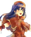  1girl :d akke blue_hair brown_eyes capelet fingerless_gloves fire_emblem fire_emblem:_the_binding_blade floating_hair gloves lilina_(fire_emblem) long_hair open_mouth outstretched_arms red_capelet red_gloves shiny shiny_hair simple_background smile solo upper_body very_long_hair white_background 
