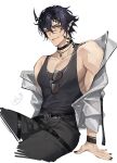  1boy 70281510 absurdres arknights bishounen black_hair black_nails black_shirt commentary_request cowboy_shot eyewear_removed flamebringer_(arknights) highres horns infection_monitor_(arknights) looking_at_viewer male_focus orange_eyes oripathy_lesion_(arknights) pointy_ears shirt short_hair simple_background sitting smile solo sunglasses tank_top toned toned_male white_background 