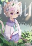  1boy absurdres animal_ears bag blue_eyes branch bug butterfly cat_boy cat_ears cat_tail forest handbag heterochromia highres leaf leaf_on_head looking_to_the_side male_focus mano_sukey multicolored_hair nature original parted_lips pink_hair shirt short_hair shorts solo tail thigh-highs tree violet_eyes white_hair 