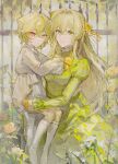  1boy 1girl :/ ada_vessalius bangs blonde_hair bow bowtie carrying child_carry crossed_bangs dress feet_out_of_frame fence flower green_dress green_eyes hair_between_eyes hair_intakes hair_ribbon heterochromia highres juliet_sleeves long_hair long_sleeves longxixi4 looking_at_viewer male_child orange_flower orange_rose pandora_hearts puffy_sleeves red_eyes ribbon rose shirt short_hair smile socks tears vincent_nightray white_flower white_footwear white_legwear white_shirt yellow_bow yellow_bowtie yellow_eyes yellow_ribbon younger 