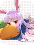  1girl :t animal_ears blazer blue_jacket blush commentary dotted_background face_in_pillow grey_skirt highres jacket long_hair long_sleeves looking_at_viewer lying nikorashi-ka object_hug on_stomach pillow pillow_hug pink_hair pleated_skirt rabbit_ears rabbit_girl rabbit_tail red_eyes reisen_udongein_inaba skirt solo tail touhou 