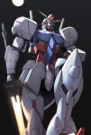  absurdres blue_eyes energy_lance fusion glowing glowing_eyes grey_background gundam gyan head_tilt highres holding holding_polearm holding_weapon lance looking_up mobile_suit mobile_suit_gundam polearm pun rx-78-2 science_fiction takahashi_masaki v-fin weapon 