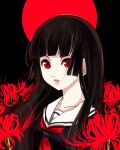  1girl absurdres bangs black_hair black_serafuku blunt_bangs commentary_request enma_ai flower highres hime_cut jigoku_shoujo jonasan_(bad-t) long_hair looking_at_viewer moon neckerchief one-hour_drawing_challenge open_mouth red_eyes red_flower red_moon red_neckerchief school_uniform serafuku solo upper_body 