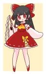  1girl ascot black_hair bow detached_sleeves dress frilled_bow frilled_hair_tubes frills gohei hair_bow hair_tubes hakurei_reimu highres nontraditional_miko op_na_yarou red_bow red_dress red_eyes red_footwear ribbon-trimmed_sleeves ribbon_trim sarashi simple_background sleeveless sleeveless_dress solo touhou white_background white_legwear white_sleeves wide_sleeves yellow_ascot 